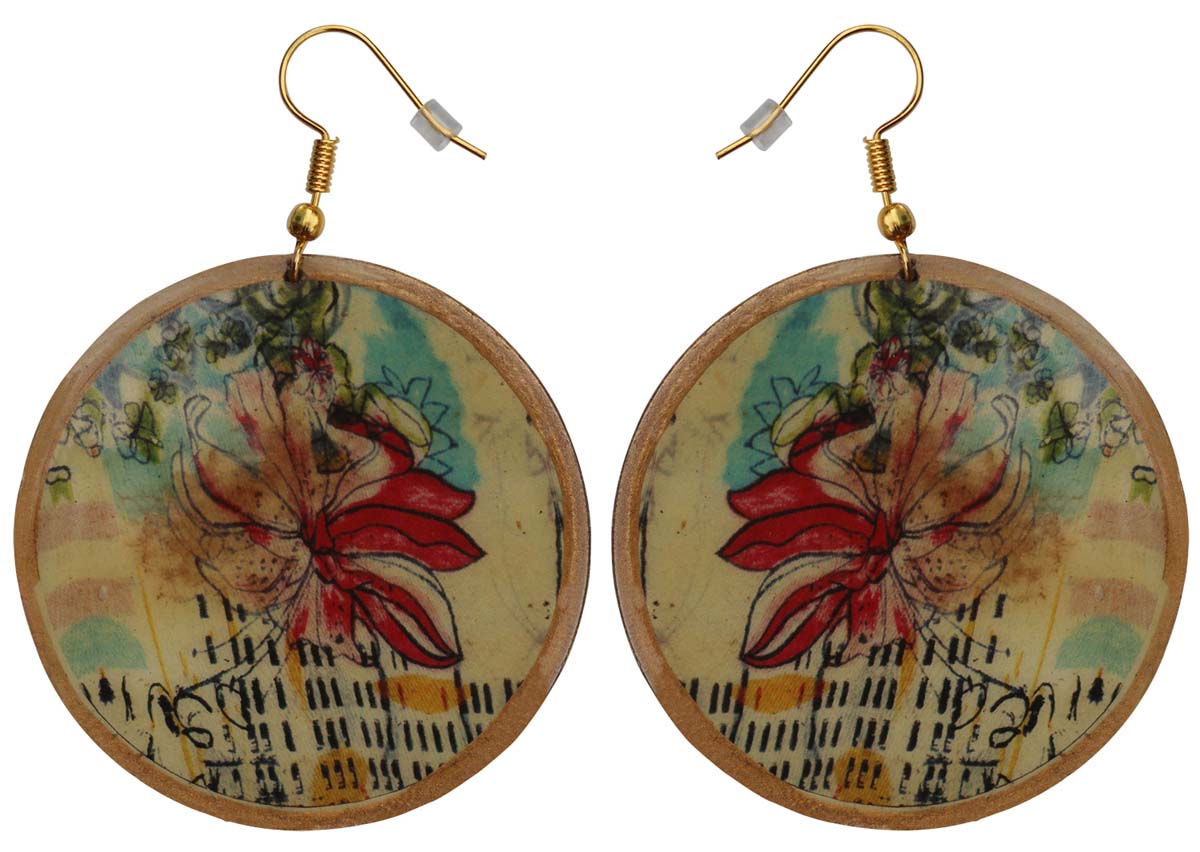 2.5” Pair of Round Hook Earrings in Brass -Soft Floral Pattern - Drop Earrings / Women Fashion Jewelry - Buy in Bulk Wholesale